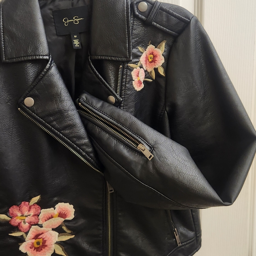 Jessica Simpson Black Leather Jacket with Pink Floral Embroidery - Picture 8 of 9